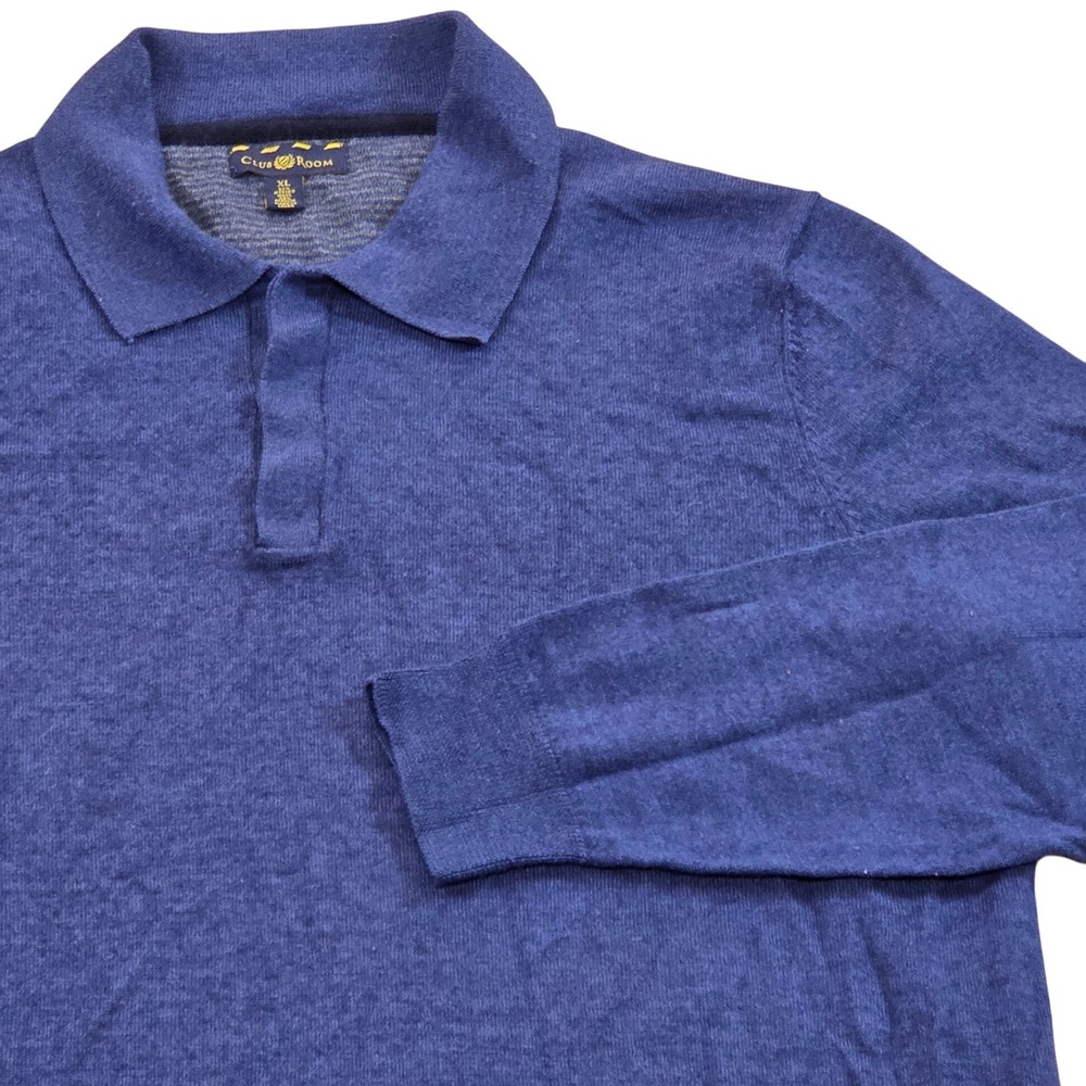 Club Room‎ Mens XL Long Sleeve Knit Polo Shirt Blue Merino Wool Blend Casual
